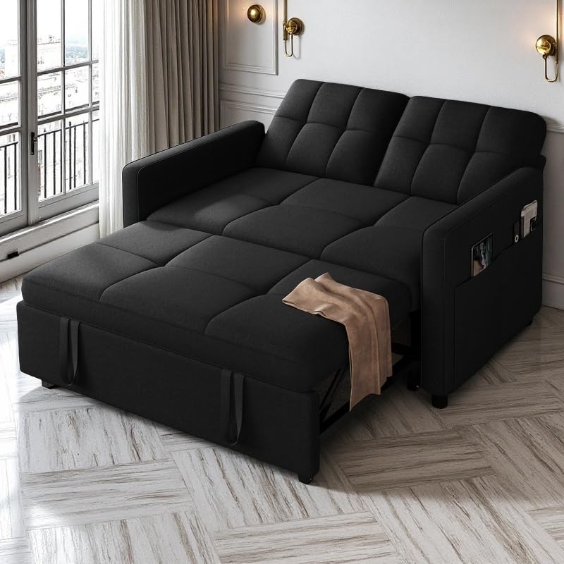 DWVO 55" Convertible Sofa Bed, 3-in-1 Sleeper Sofa with Pull-Out Bed, Linen Futon Couch W749781