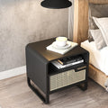 homary Minimalist Nightstand Rattan Woven Bedside Table with 1 Drawer Bedroom Furniture End Table Black