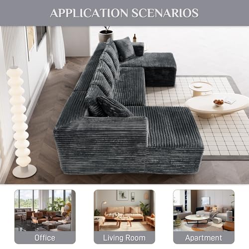 131" Modular Sectional Sofa Cloud Couch, Corduroy Memory Foam Black O10952