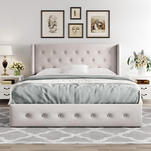 Allewie Full Size Lift Up Storage Bed with Wingback Headboard, Light Beige C85153