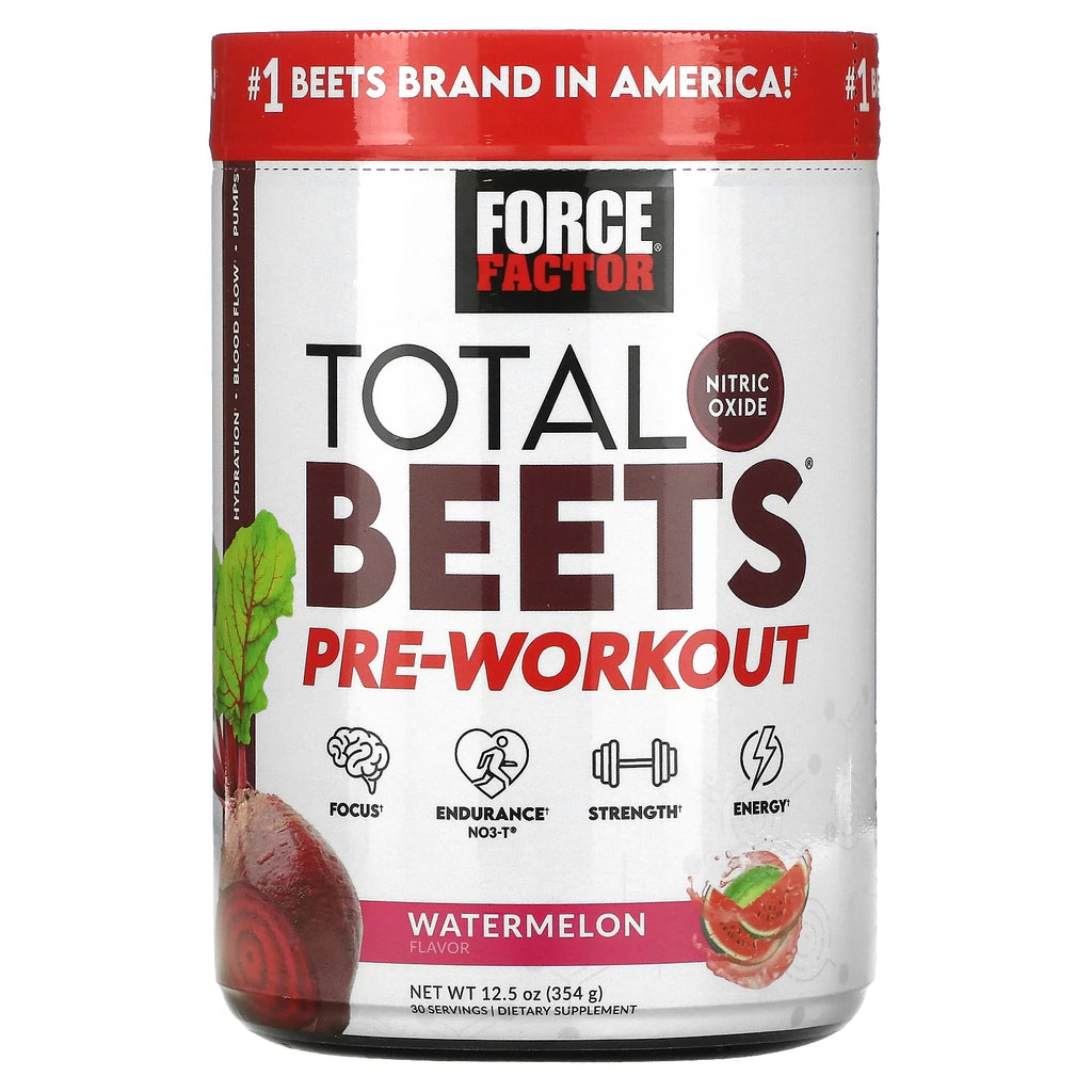 FORCE FACTOR Total Beets Pre-Workout Powder to Boost Energy  Endurance, Increase Strength, and Improve Blood Flow and Pumps, Nitric Oxide Supplement with Beet Root Powder, Watermelon, 30 Servings