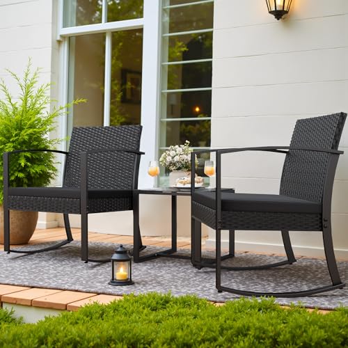 Homall 3 Piece Resin Outdoor Bistro Set with Cushions and Table, Black T139662