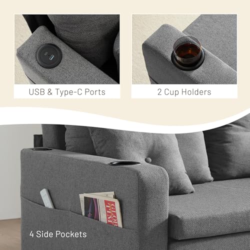 3 in 1 Pull Out Couch Convertible Sleeper Sofa Bed with Cup Holders, Grey U432