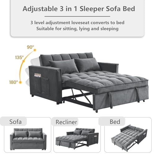 3 in 1 Convertible Sleeper Sofa Bed Futon with Adjustable Backrest, Velvet, Black Q74350