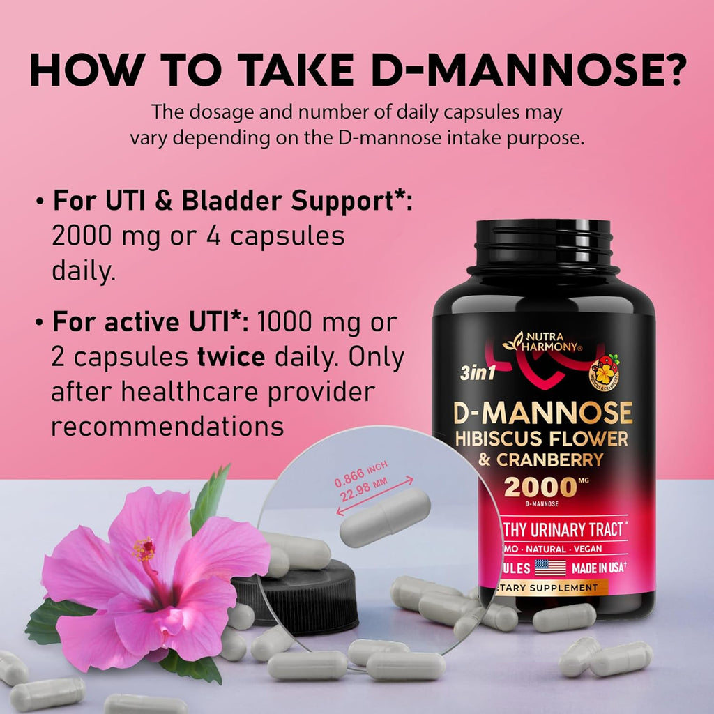 D-Mannose 2000mg Capsules for Urinary Tract Health with Cranberry & Hibiscus, 120 Vegan Pills A701