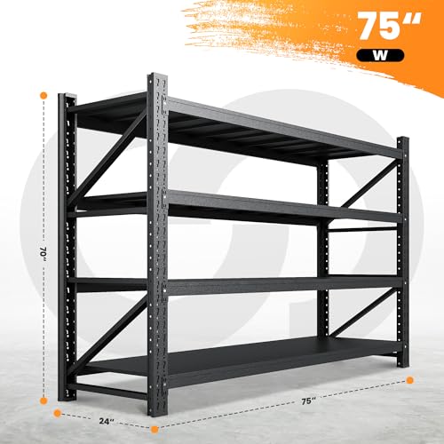 71" W Heavy Duty Steel Garage Shelving, 4-Tier Adjustable Storage Rack, Black C40455