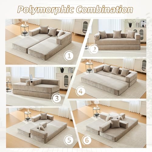 Corduroy Convertible Sleeper Sofa Bed with Pillow, Beige S401207