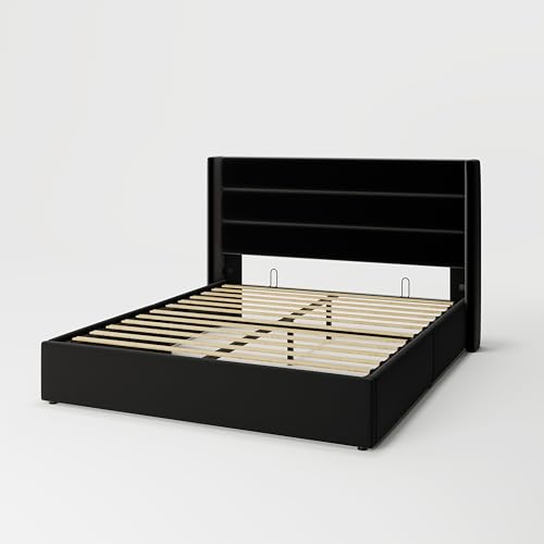 Allewie Full Size Lift Up Storage Bed with Wingback Headboard, Light Beige C85153