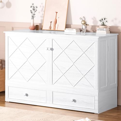 BALUS Murphy Bed Cabinet, 63" W Queen Cabinet Cube Chest Bed with Tri-fold Mattress, Charging Station, Wooden Cabinets Wall Beds Convertible Design w Drawers for Guest Room Home Office, Cherry