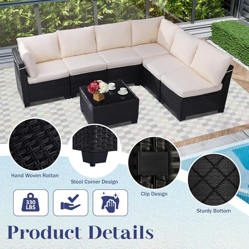 KIGOTY Patio Furniture Set 7 Pieces Outdoor Sectional Sofa with Cushions and Glass Coffee Table B60021