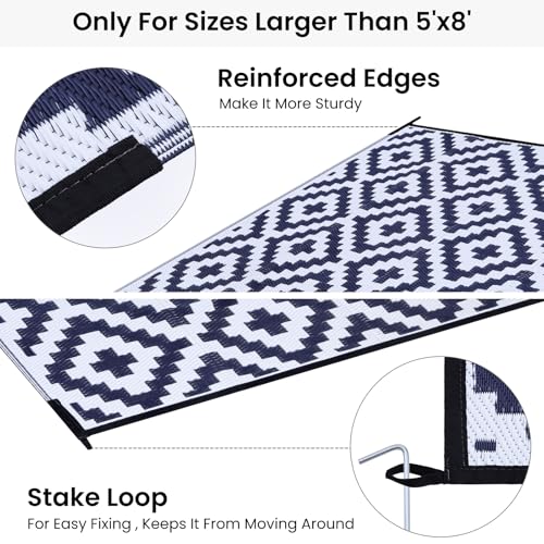 Smiry Waterproof Outdoor Rug 5x8 ft, Reversible Plastic Straw Patio Mat, Black & Beige P20186