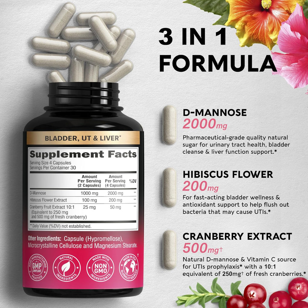 D-Mannose 2000mg Capsules for Urinary Tract Health with Cranberry & Hibiscus, 120 Vegan Pills A701