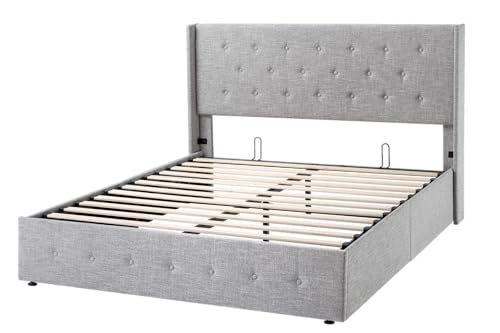 Allewie Full Size Lift Up Storage Bed with Wingback Headboard, Light Beige C85153