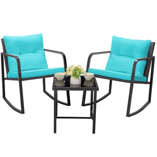 Greesum 3-Piece Rocking Wicker Bistro Set with Glass Coffee Table, Beige T6480