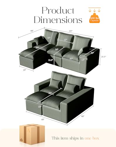 Comfy Cloud Couch with L-Shape Chaise, Modular Sectional Sofa in a Box, Soft Corduroy, Black U67688