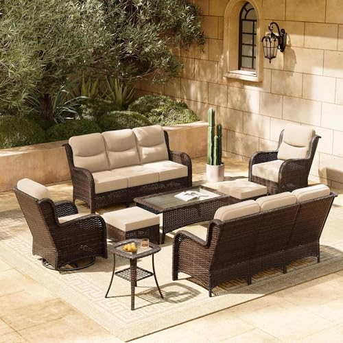Luxury Patio Furniture Set 7PCS Wicker Conversation Set with Blue Cushions J5390