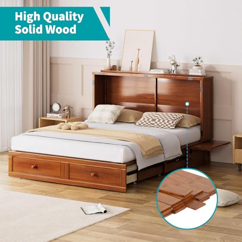 BALUS Murphy Bed Cabinet, 63" W Queen, Tri-fold Mattress, Cherry G595