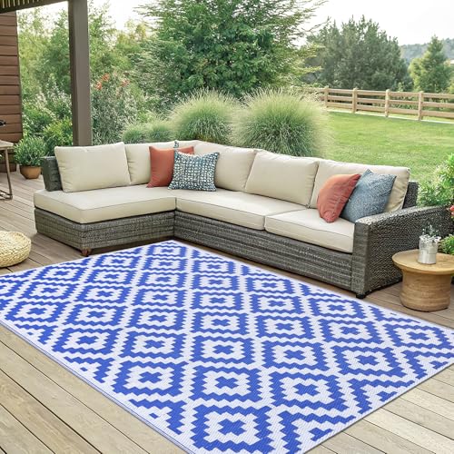 Smiry Waterproof Outdoor Rug 5x8 ft, Reversible Plastic Straw Patio Mat, Black & Beige P20186