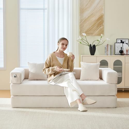 Corduroy Convertible Sleeper Sofa Bed with Pillow, Beige S401207