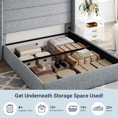 Allewie Full Size Lift Up Storage Bed with Wingback Headboard, Light Beige C85153