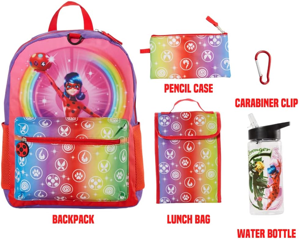 Miraculous Ladybug Backpack Set with Lunch Bag for Girls, 16 inch, 5 Piece N11823