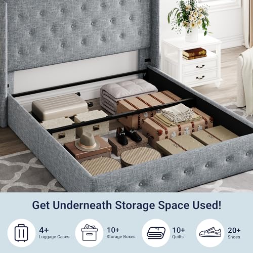 Allewie Full Size Lift Up Storage Bed with Wingback Headboard, Light Beige C85153