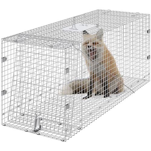VEVOR Live Animal Cage Trap, 24" x 8" x 8" Humane Cat Trap Galvanized Iron, Folding Animal Trap with Handle for Rabbits, Stray Cats, Squirrels, Raccoons, Groundhogs and Opossums