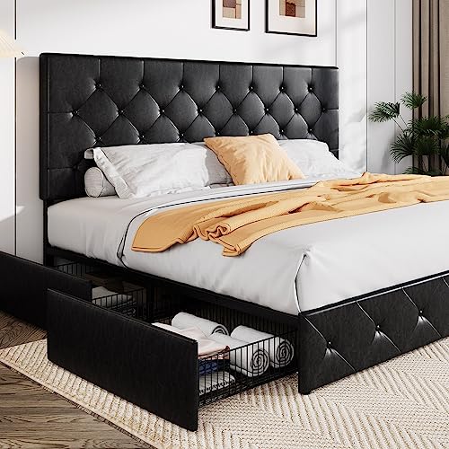 Allewie Upholstered Queen Platform Bed Frame with 4 Drawers and Headboard, Light Grey A922