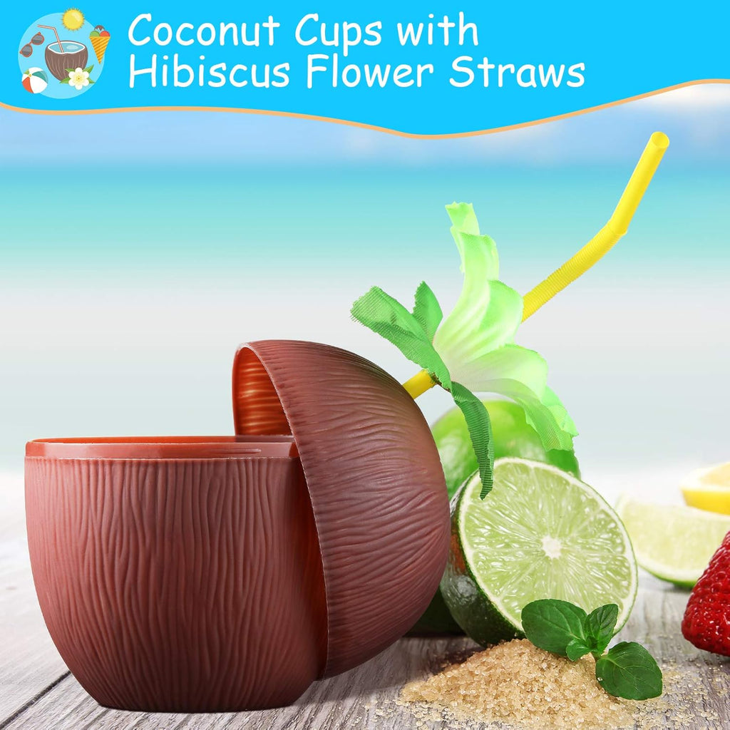 15 Pieces Coconut Cups with Hibiscus Straws for Hawaiian Luau Party A8720
