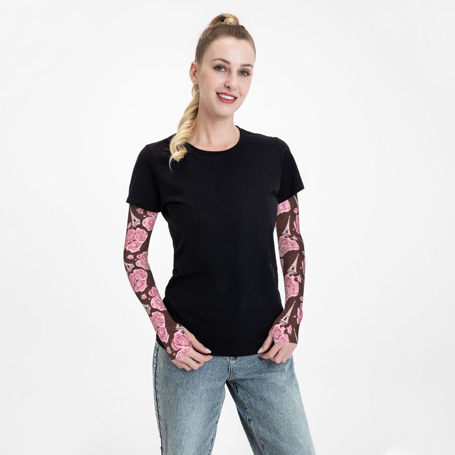 Cooling Arm Sleeves for Men Women UV Protection Pink Flower Tattoo Cover H855101