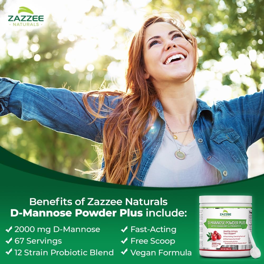Zazzee D-Mannose Powder Plus, 2000 mg, 67 Servings, with Probiotics & Cranberry, 6.5 Oz Z235