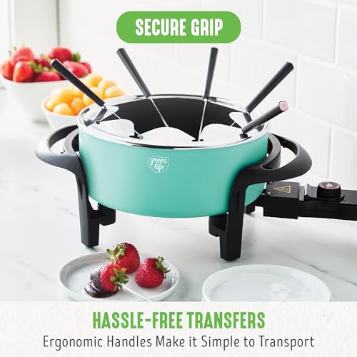 GreenLife 14 Cup Electric Fondue Maker Pot Set with 8 Forks, Ceramic Nonstick, Adjustable Temperature, Red M8272