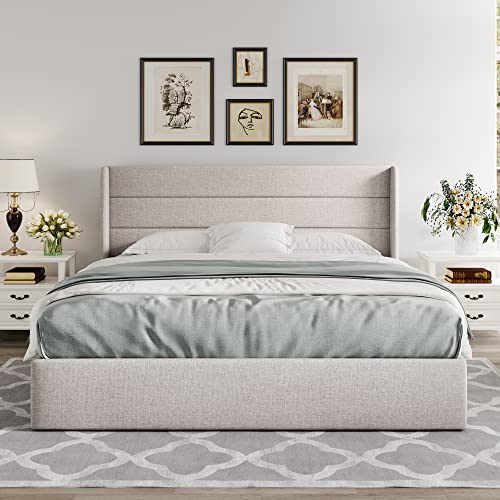 Allewie Full Size Lift Up Storage Bed with Wingback Headboard, Light Beige C85153
