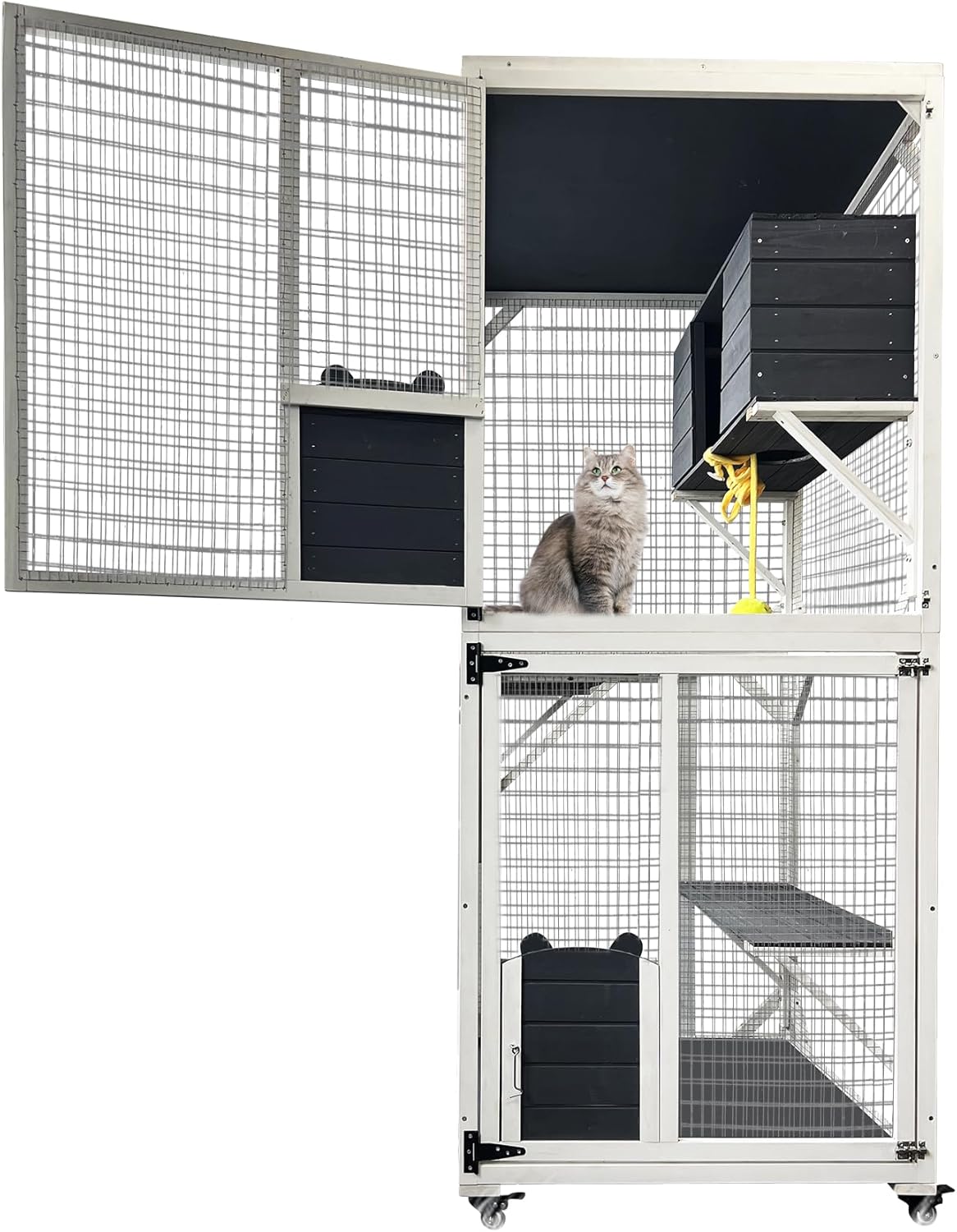 Cat House Catio Outdoor Cat Enclosure, 3-Tier Cat Cage Indoor on Wheels, Waterproof Roof Outdoor Cat Enclosures, 2 Windows & Doors