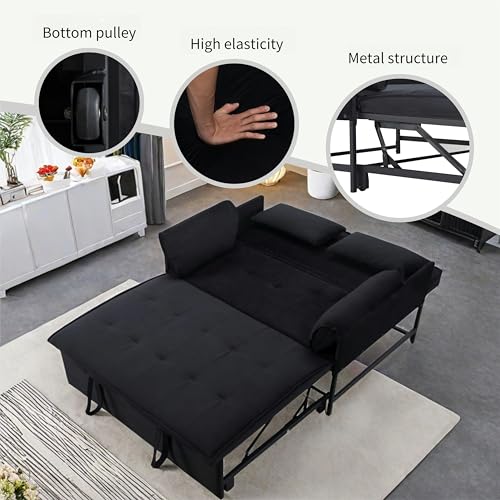 3 in 1 Sleeper Sofa Bed with Side Pocket, Black Convertible Futon Couch W34330