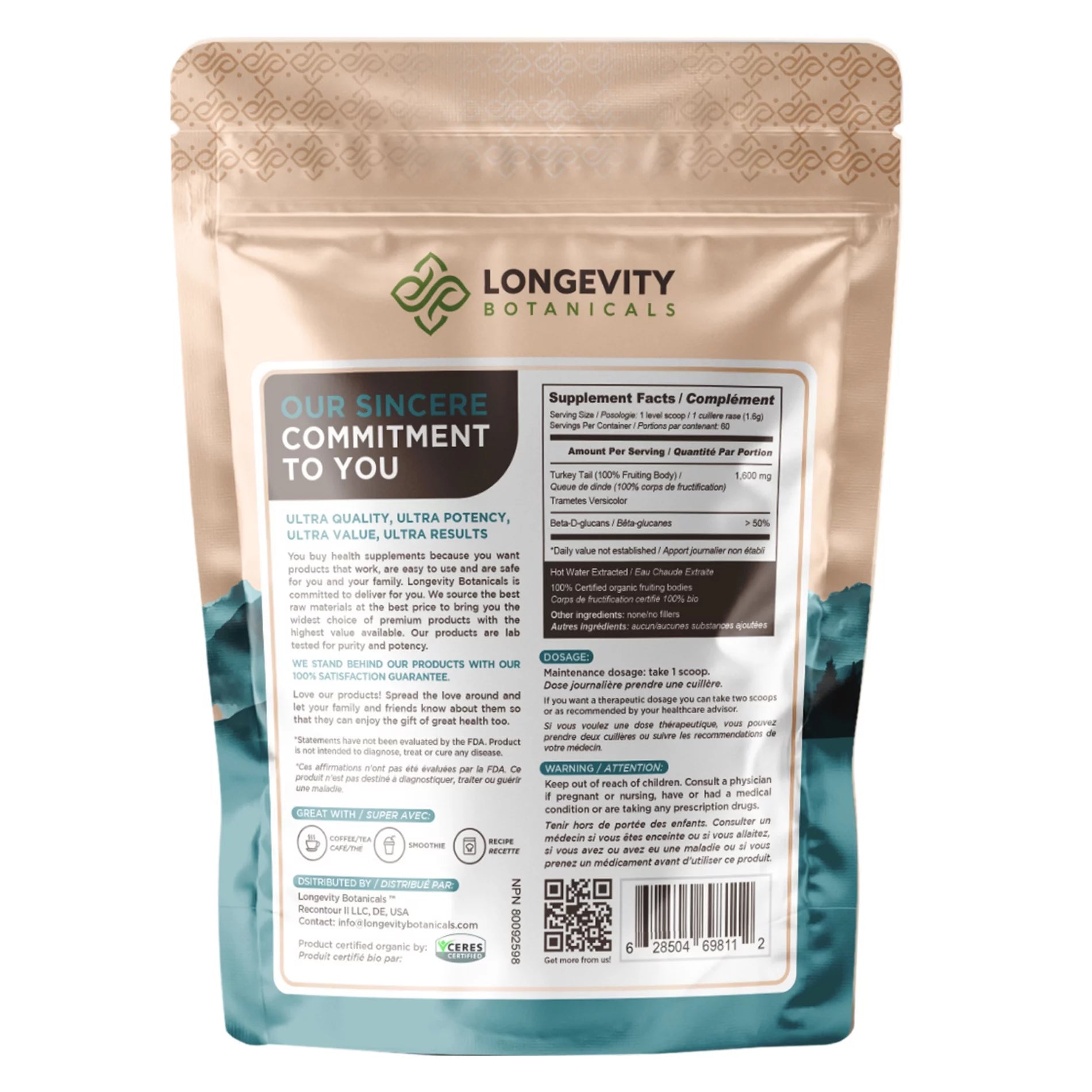 Longevity Botanicals Organic Turkey Tail Mushroom Powder, 3.5 oz C7807