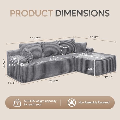 Modular Sectional Sofa L-Shape Couch with Oversized Chaise, Grey Stripe I49459