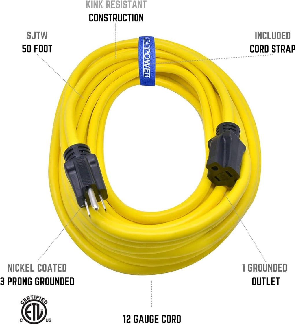 Clear Power 50 ft Heavy Duty Outdoor Extension Cord 12/3 SJTW, Yellow P92716