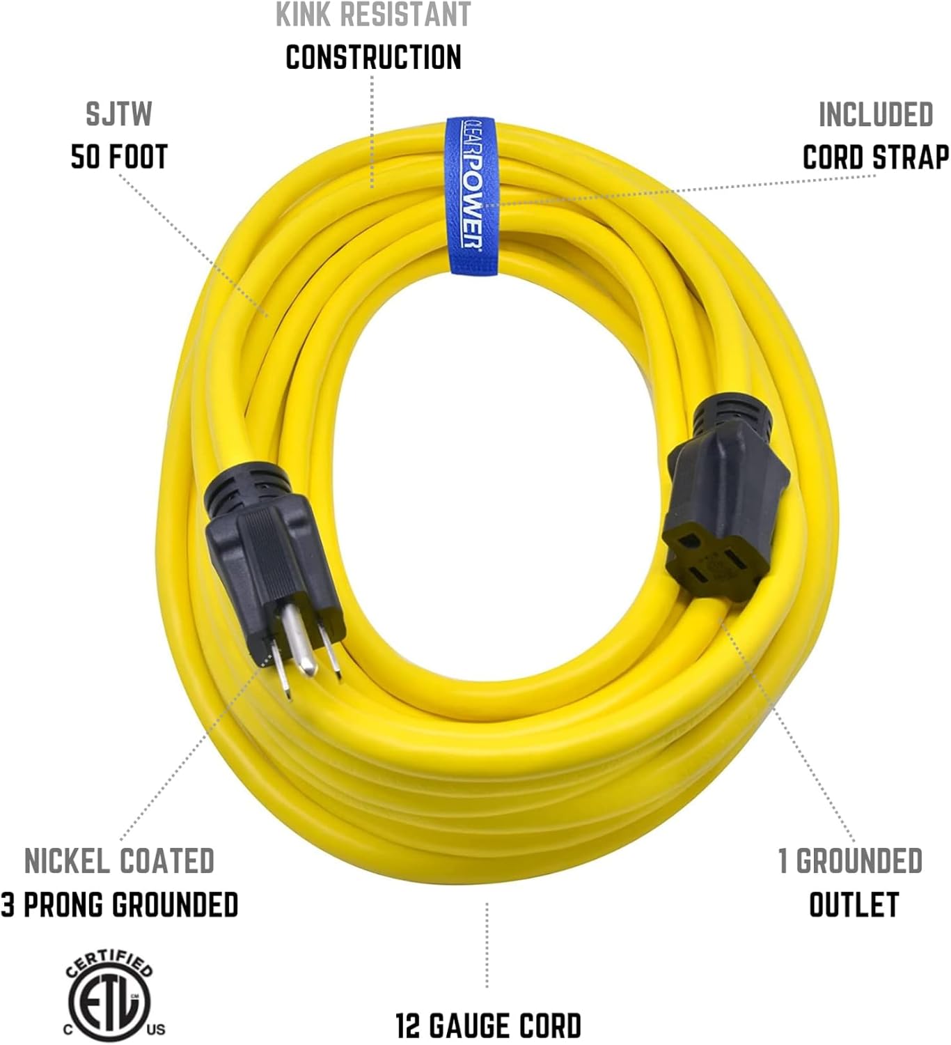 Clear Power 50 ft Heavy Duty Outdoor Extension Cord 12/3 SJTW, Yellow P92716