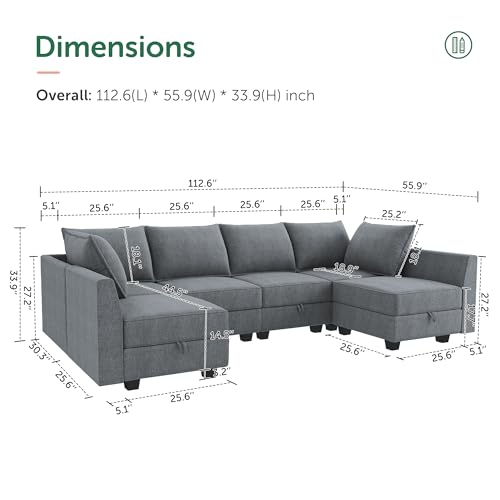 HONBAY Modular Sectional Sofa U Shaped with Storage, Grey G638