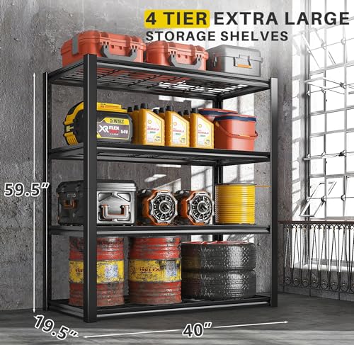 REIBII 40" W Garage Shelving 4-Tier Heavy Duty Adjustable Metal Shelves G342