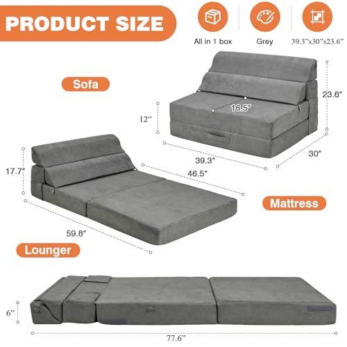 Comfy Folding Sofa Bed Grey Convertible Sleeper Chair Couch M171120