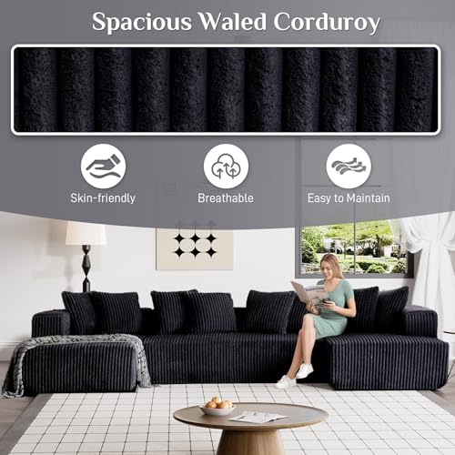 131" Modular Sectional Sofa Cloud Couch, Corduroy Memory Foam Black O10952