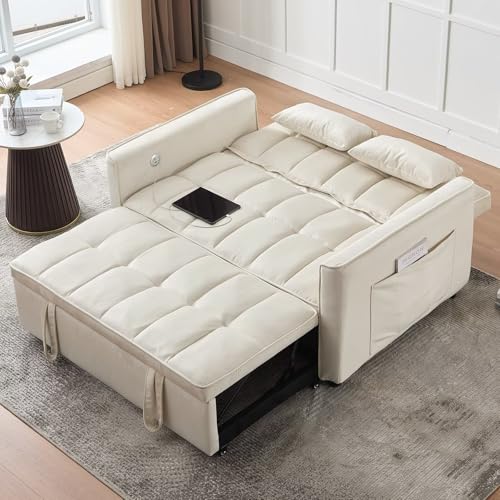 Modern 3 in 1 Convertible Sleeper Sofa Couch Bed with USB, Light Grey M684