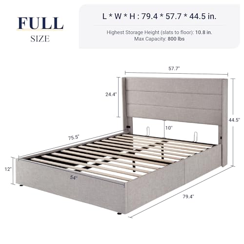 Allewie Full Size Lift Up Storage Bed with Wingback Headboard, Light Beige C85153