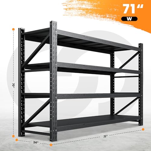 71" W Heavy Duty Steel Garage Shelving, 4-Tier Adjustable Storage Rack, Black C40455