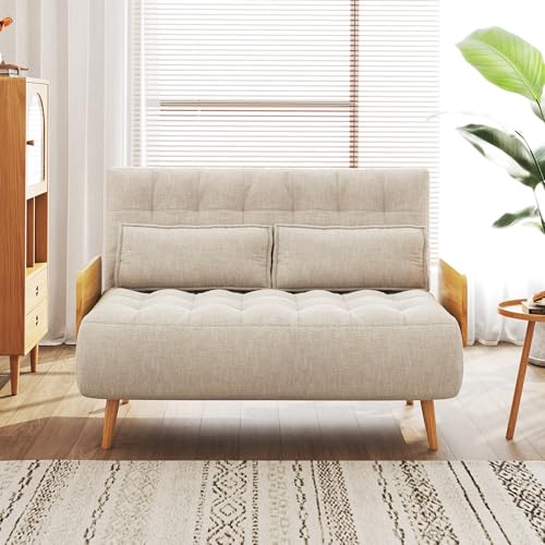 Convertible Chair Bed Sleeper for Adults with Wooden Arms, Linen G638