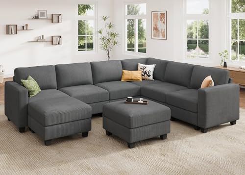 HONBAY Corduroy Modular Sectional Couch with Storage, Dark Gray A586576