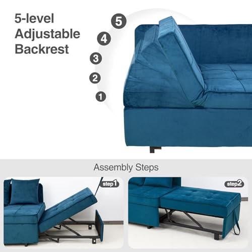 Velvet Convertible Sofa Bed Sleeper Chair with 2 Throw Pillows, Dark Grey U621331