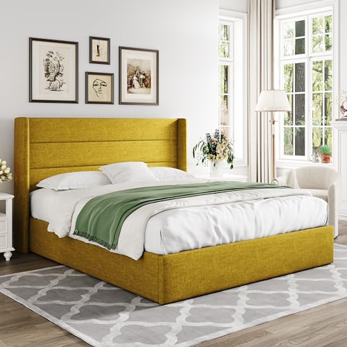 Allewie Full Size Lift Up Storage Bed with Wingback Headboard, Light Beige C85153